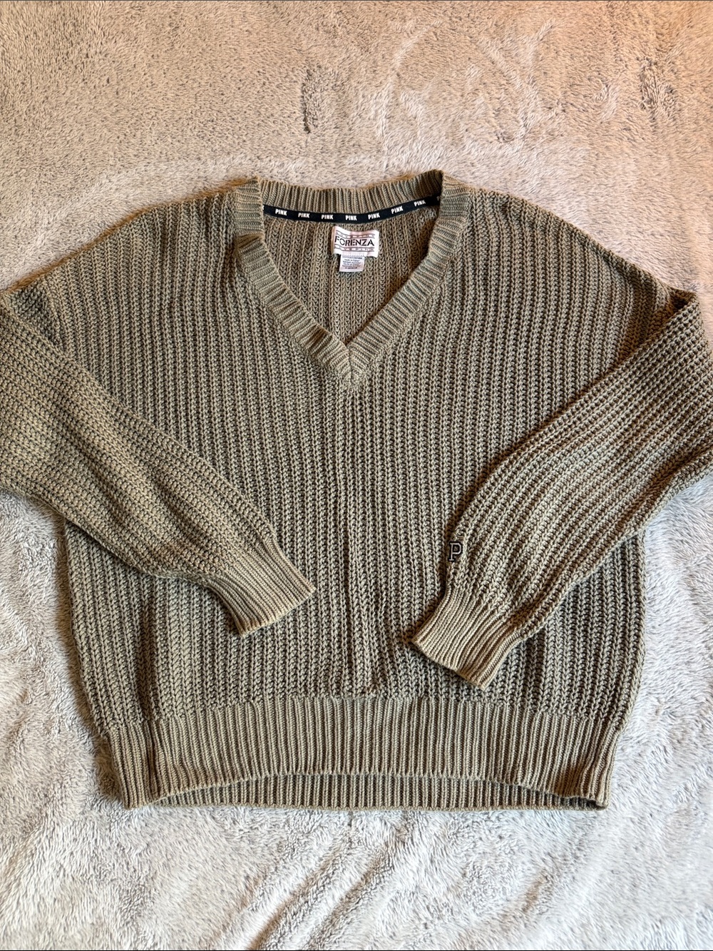 PINK Victoria's Secret Olive Green V-Neck Ribbed Knit Sweater